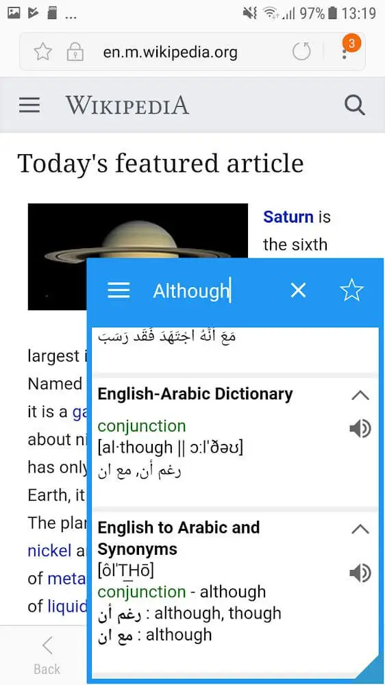 Screenshot of the Arabic Dictionary & Translator app
