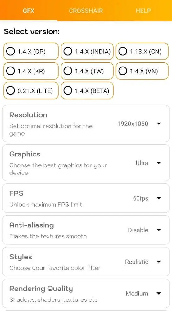 Screenshot of the GFX Tool Pro app