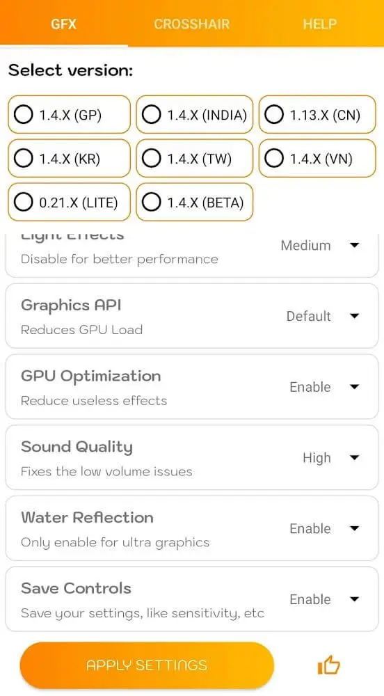 Screenshot of the GFX Tool Pro app