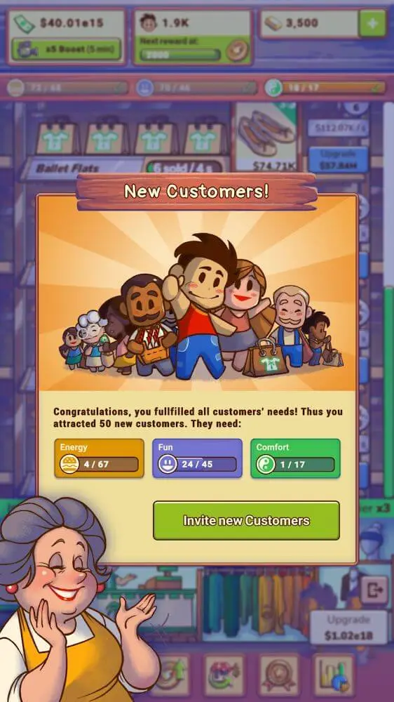 Screenshot of the Idle Shop Manager app