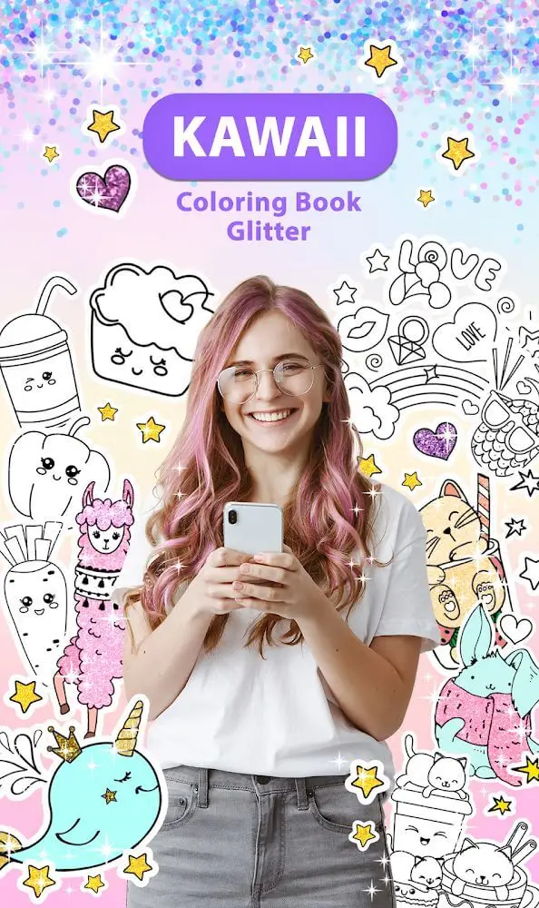 Screenshot of the Kawaii Coloring Book Glitter app