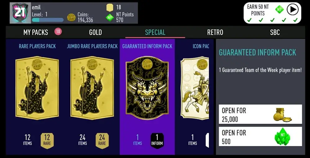 Screenshot of the NT 21 Draft Simulator + Pack Opener game