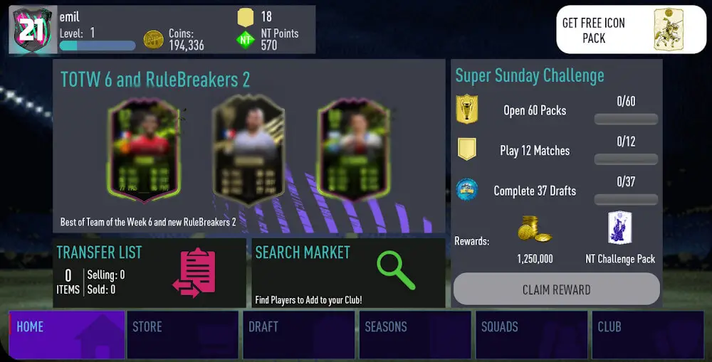 Screenshot of the NT 21 Draft Simulator + Pack Opener game