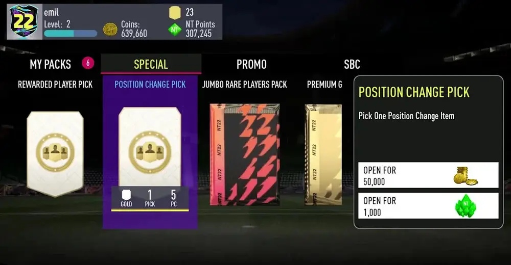 Screenshot of the Nicotom 22 Draft + Pack Opener game