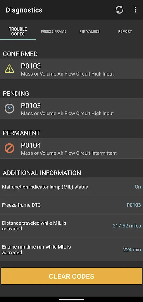 Screenshot of the OBD Fusion app