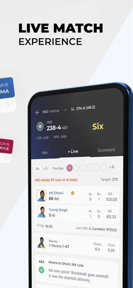 Screenshot of the OneCricket app