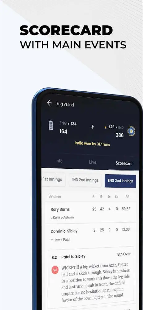 Screenshot of the OneCricket app