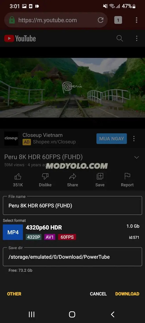 Screenshot of the PowerTube app