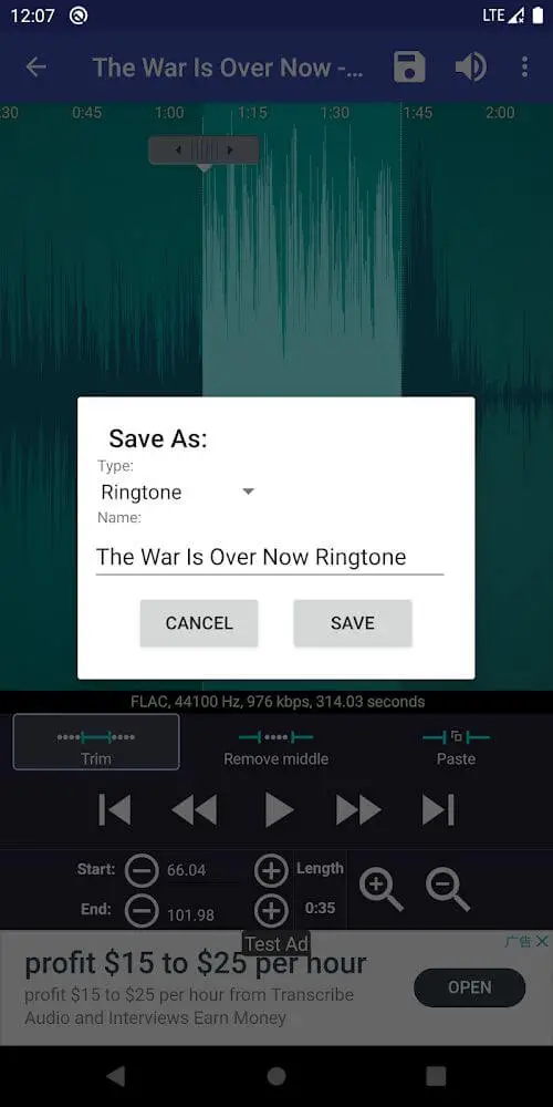 Screenshot of the Ringtone Maker app