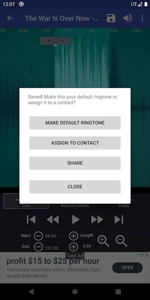 Screenshot of the Ringtone Maker app