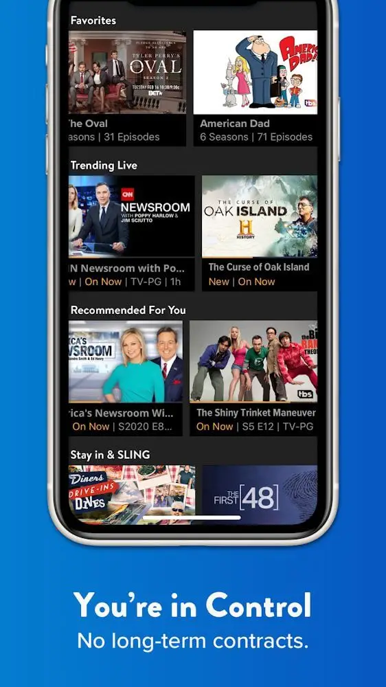 Screenshot of the SLING: Live TV, Shows & Movies app