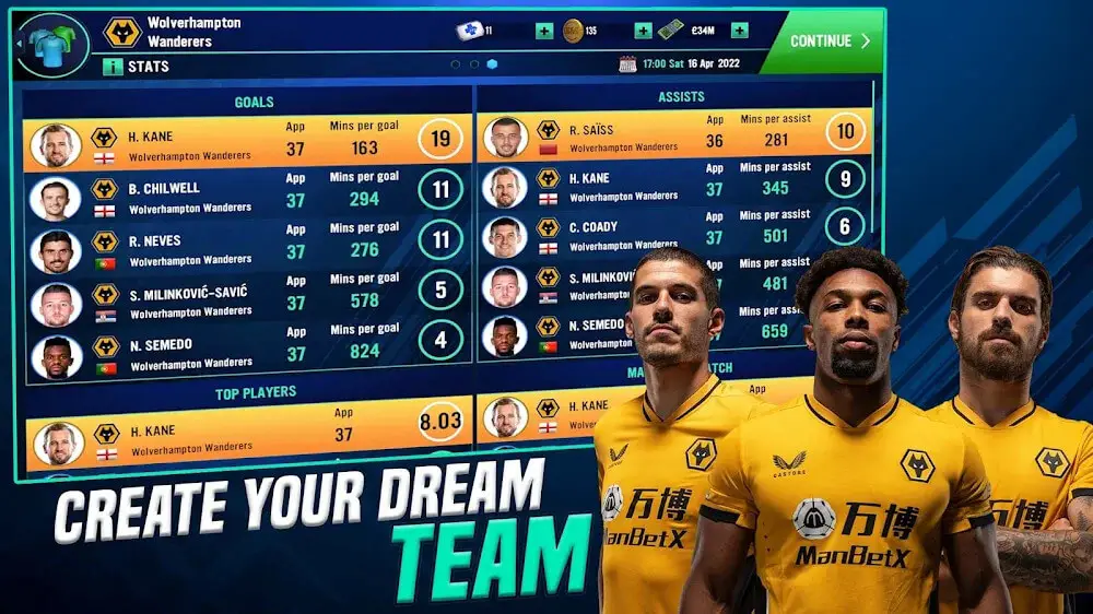 Screenshot of the Soccer Manager 2022 game