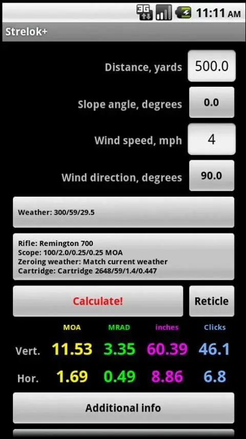 Screenshot of the Strelok+ app