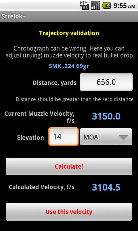 Screenshot of the Strelok+ app