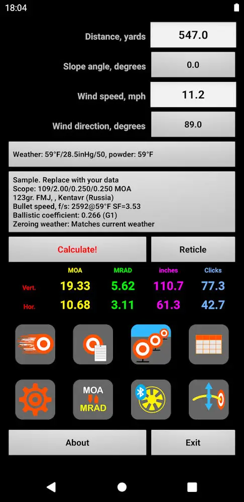 Screenshot of the Strelok Pro app