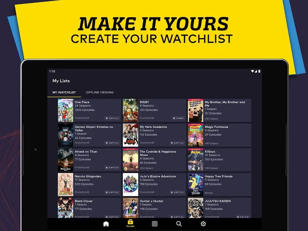 Screenshot of the VRV app
