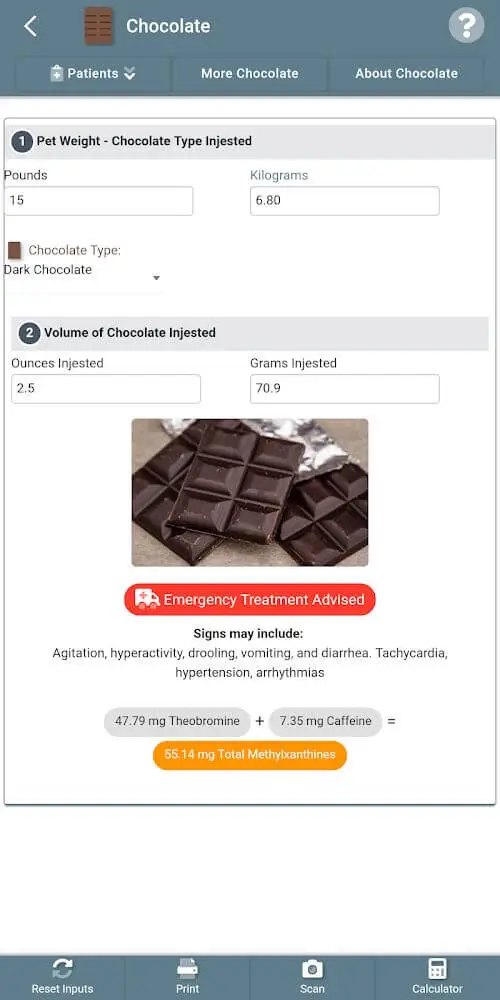 Screenshot of the Vetcalculators app