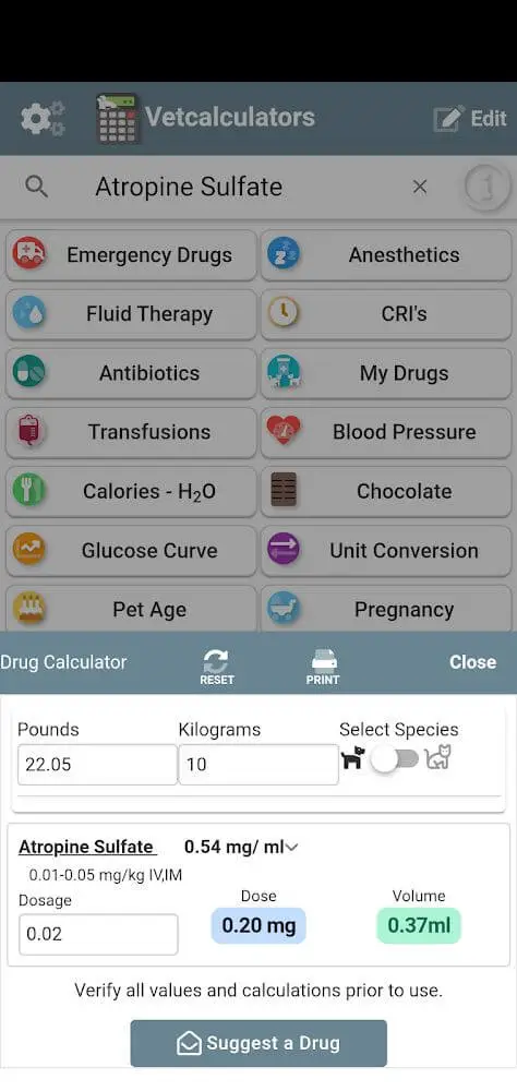 Screenshot of the Vetcalculators app