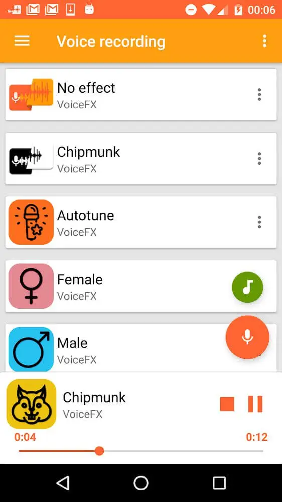 Screenshot of the VoiceFX app
