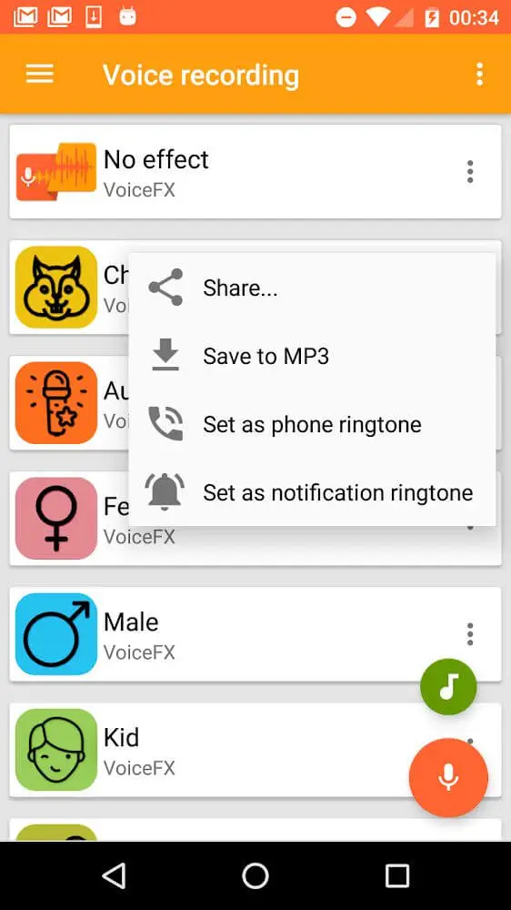 Screenshot of the VoiceFX app