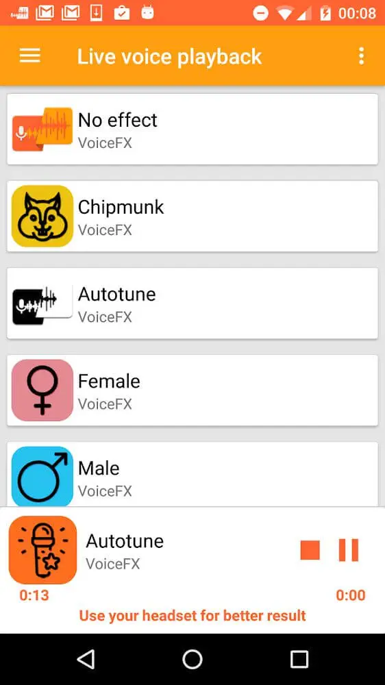Screenshot of the VoiceFX app