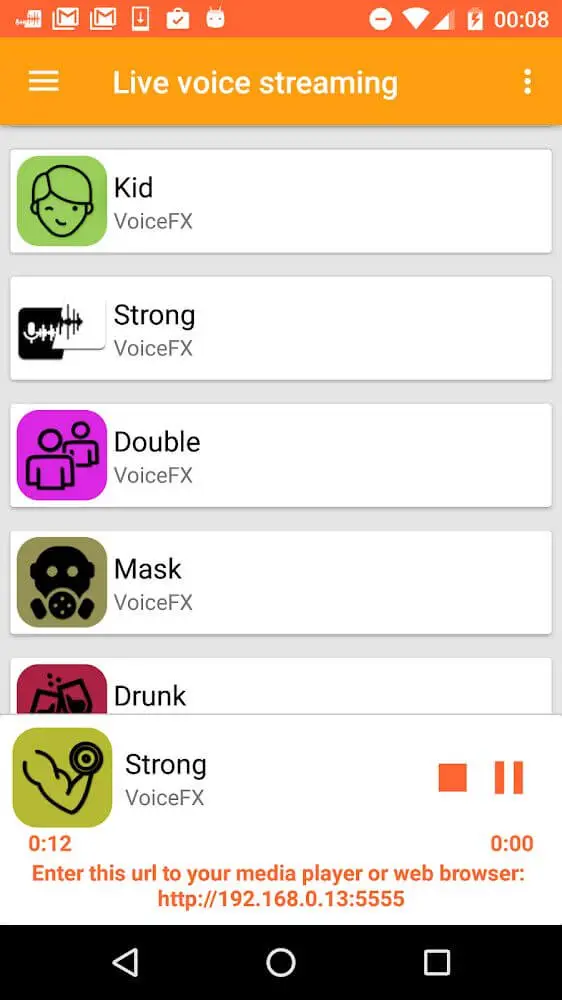 Screenshot of the VoiceFX app