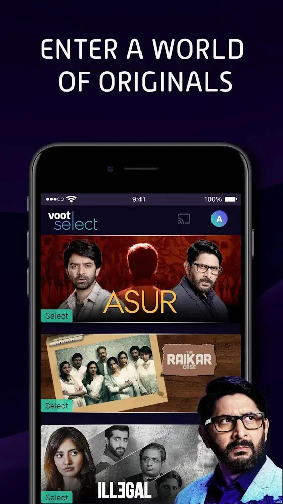 Screenshot of the Voot Select app