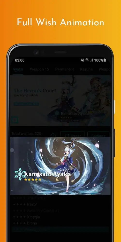 Screenshot of the Wish Simulator for Genshin app