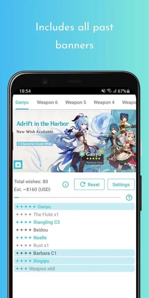 Screenshot of the Wish Simulator for Genshin app